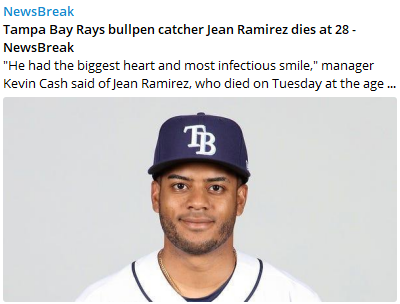 Rays Catcher Dies at 28